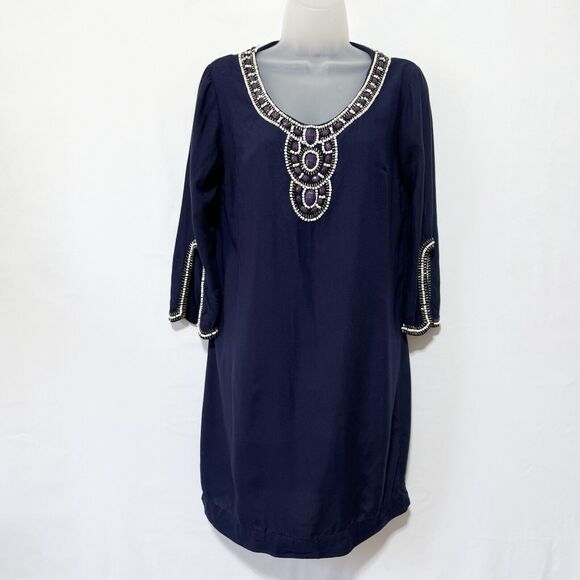 Lilly Pulitzer XS Sarah True Navy Beaded Embellished 3/4 Sleeve Tunic Dress - Picture 2 of 12